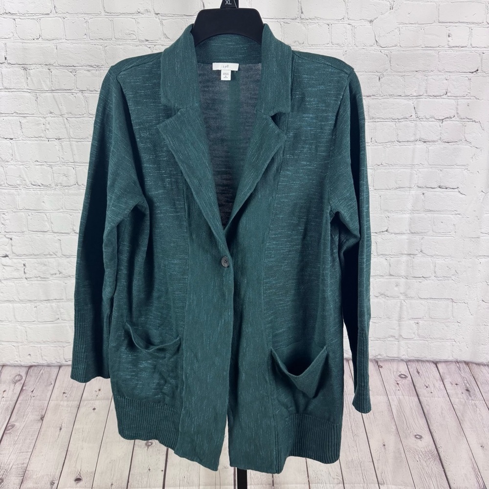 J. Jill Green Sweater Blazer Open Front One Button Cardigan Size Medium Petite